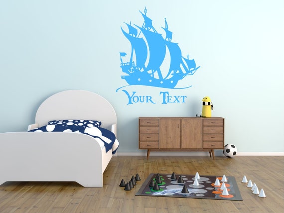 Pirate Ship & Peronalised name. Boy's bedroom. Vinyl wall art decal sticker. Any colour and size.(#124)