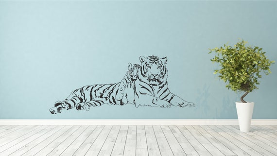 Lying Tiger with cub. Vinyl wall sticker decal art. Any colour and a choice of sizes.(#332)