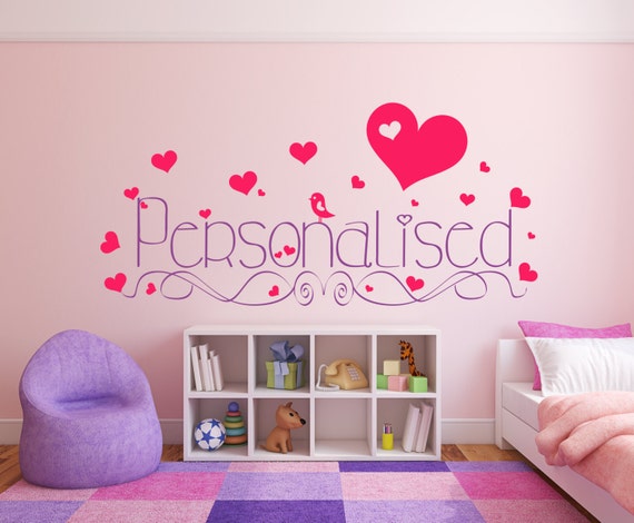 Personalised Name with Hearts. Vinyl wall art decal sticker quote. Any colour and size.