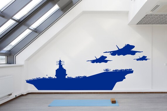 Navy Aircraft Carrier With Jets and Helicopter Vinyl wall art decal sticker quote. Any color and size.(#262)l