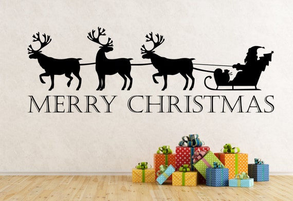 Merry Christmas Reindeer and Sleigh self adhesive vinyl decal sticker for walls, windows, mirrors, doors, shop fronts and more.(#58)