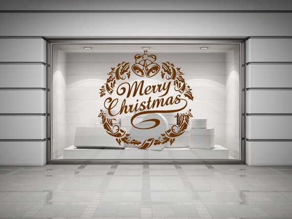 Merry Christmas Wreath with Holly and Bells, self adhesive vinyl decal sticker for walls, windows, mirrors, doors, shopfronts and more.(#60)