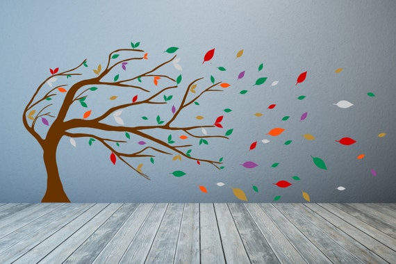 Windswept Tree & Leaves. Vinyl wall art decal sticker quote. Any colour and size.
