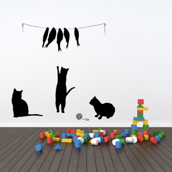 Cats & Fish Wall Decal Sticker Art. Any colour and a choice of sizes.(#97)