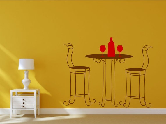 French dining bistro table and chair set with wine bottle. Vinyl wall art decal sticker quote. Any colour combination and size.