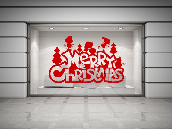 Merry Christmas & Children Playing in Snow vinyl decal sticker for walls, windows, mirrors, doors, shop fronts and more.(#59)