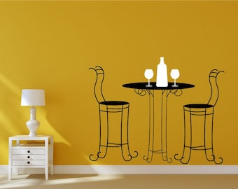 French dining bistro table and chair set with wine bottle. Vinyl wall art decal sticker quote. Any colour combination and size.