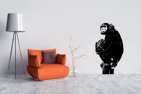 Chimpanzee Ape Sitting on Stump, Vinyl wall sticker decal art. Any colour and a choice of sizes.(#326)