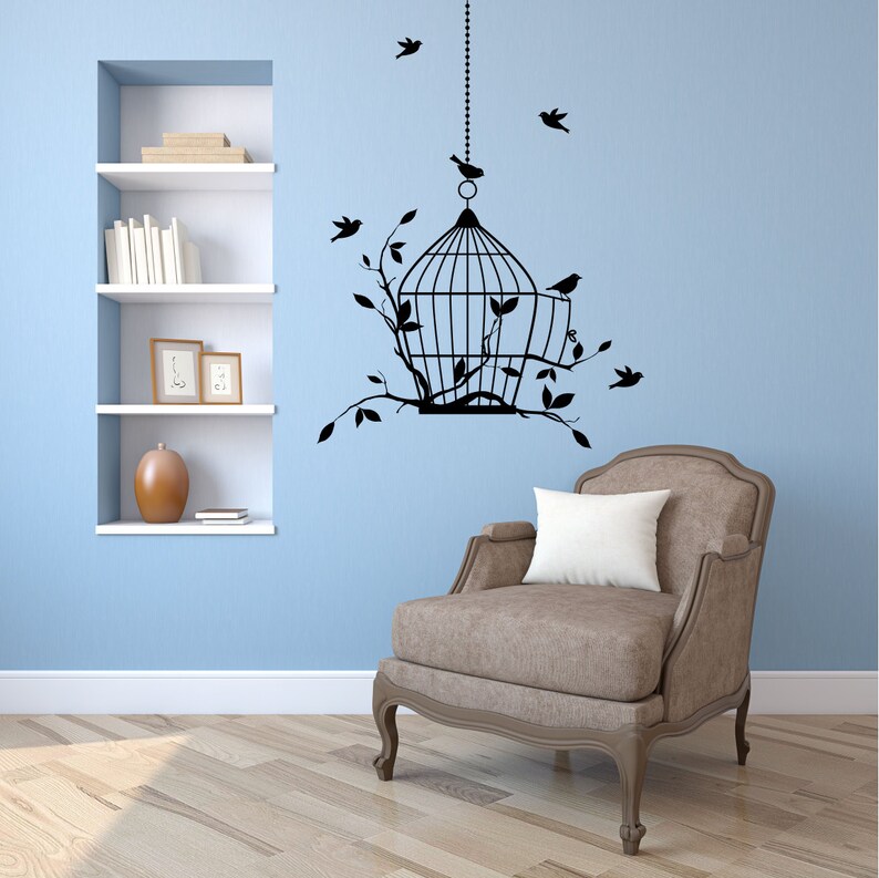 Bird Cage Birds Branches and Leaves. Vinyl wall art decal Etsy