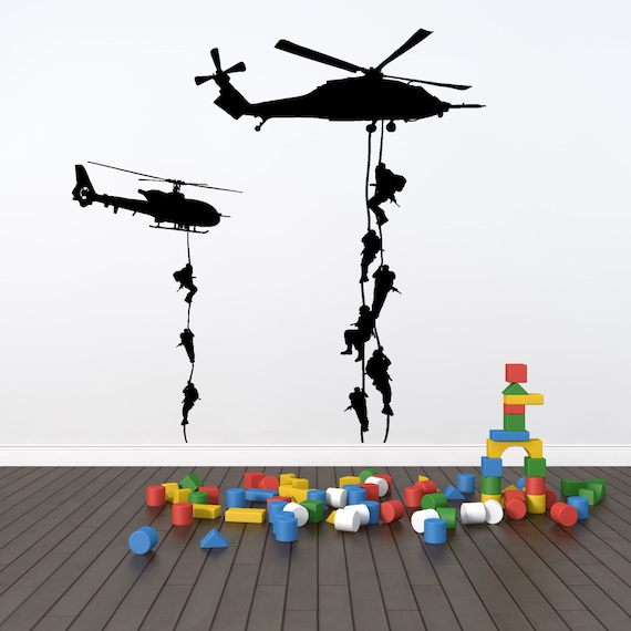 Abseiling Soldiers from Helicopter Wall Decal Sticker Art. Various Colors & Sizes(#113)