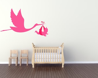 Stork Carrying a Baby for Nurseries. Vinyl wall art decal sticker. Any colour and size.(#22)