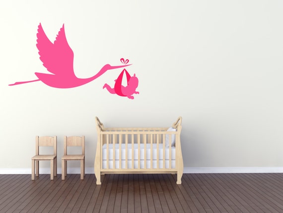 Stork Carrying a Baby for Nurseries. Vinyl wall art decal sticker. Any colour and size.(#22)