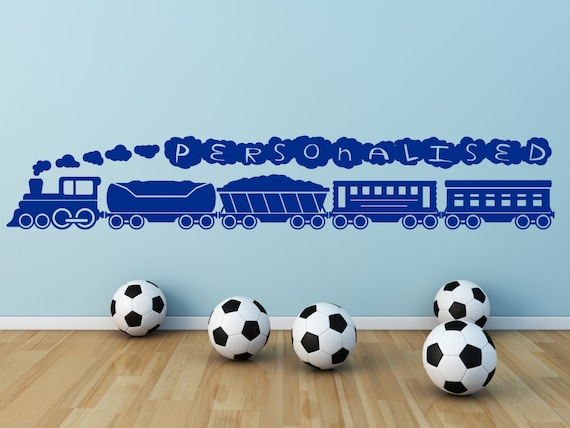 Train & Personalized Text for Boy's bedroom. Vinyl wall art decal sticker. Any color and size.(#30)