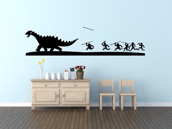 Dinosaur & Cavemen Skyline, Landscape. Vinyl wall art decal sticker quote. Any color and size.(#91)