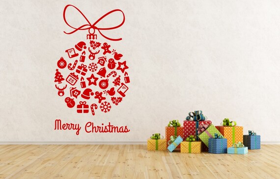 Merry Christmas Bauble decoration with snow, santa, reindeer, candy canes and more. Self adhesive vinyl decal sticker.(#63)