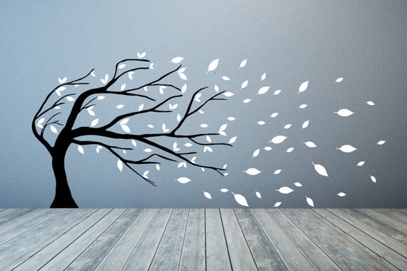 Windswept Tree & Leaves. Vinyl wall art decal sticker quote. Any colour and size.(#8)