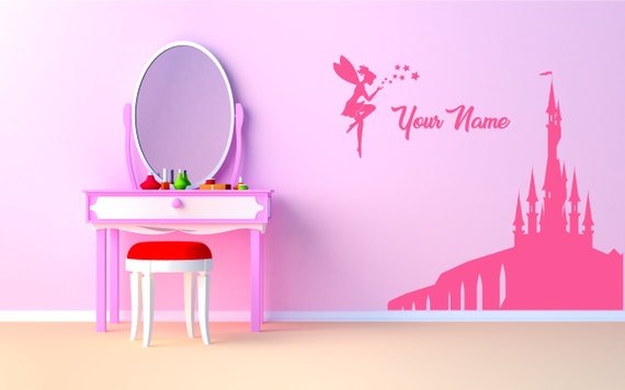 Personalised Fairy, Castle & Stars. Wall vinyl sticker decal. Any size and colour (#244)