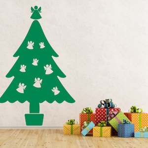 Christmas Tree with Angels self adhesive vinyl decal sticker for walls, windows and mirrors.(#57)