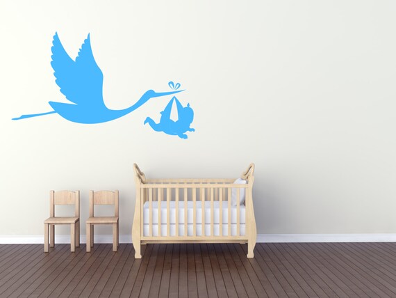 Stork Carrying a Baby for Nurseries. Vinyl wall art decal sticker. Any colour and size.(#22)