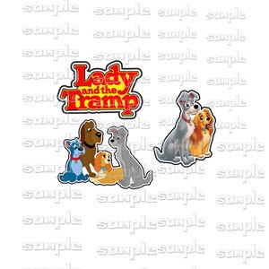 May include: A collection of cartoon images featuring characters from the animated film "Lady and the Tramp." The images include the title logo in red and yellow, and various dog characters in different poses. The background is white.