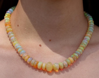 174 Carat Fiery Opal Beads & 14k Gold Strand Necklace