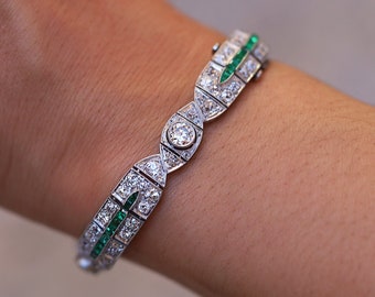 Art Deco Platinum Old European Diamond & Calibre Emerald Bracelet, Antique 1920s