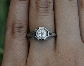 Antique Platinum Old European Diamond Filigree Solitaire Engagement Ring