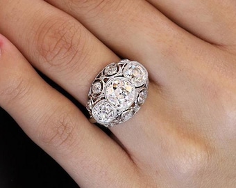 Antique Edwardian GIA Old European Diamond 3 Stone Filigree Engagement Ring