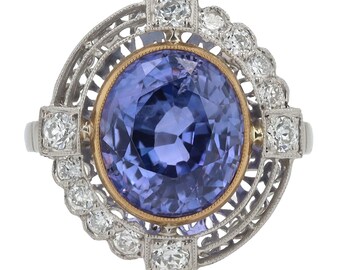 Purple Sapphire Edwardian Revival Platinum Engagement Ring, Certified 5 Carat Ceylon, Color Change