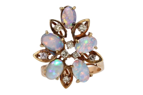Mid Century Opal Flower Cluster Cocktail Ring - image 1