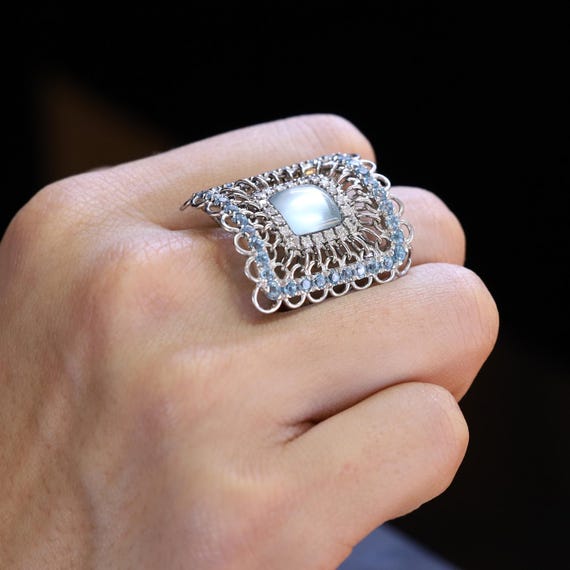 Garavelli Aquamarine & Diamond 18k White Gold Shield Cocktail Ring View 4