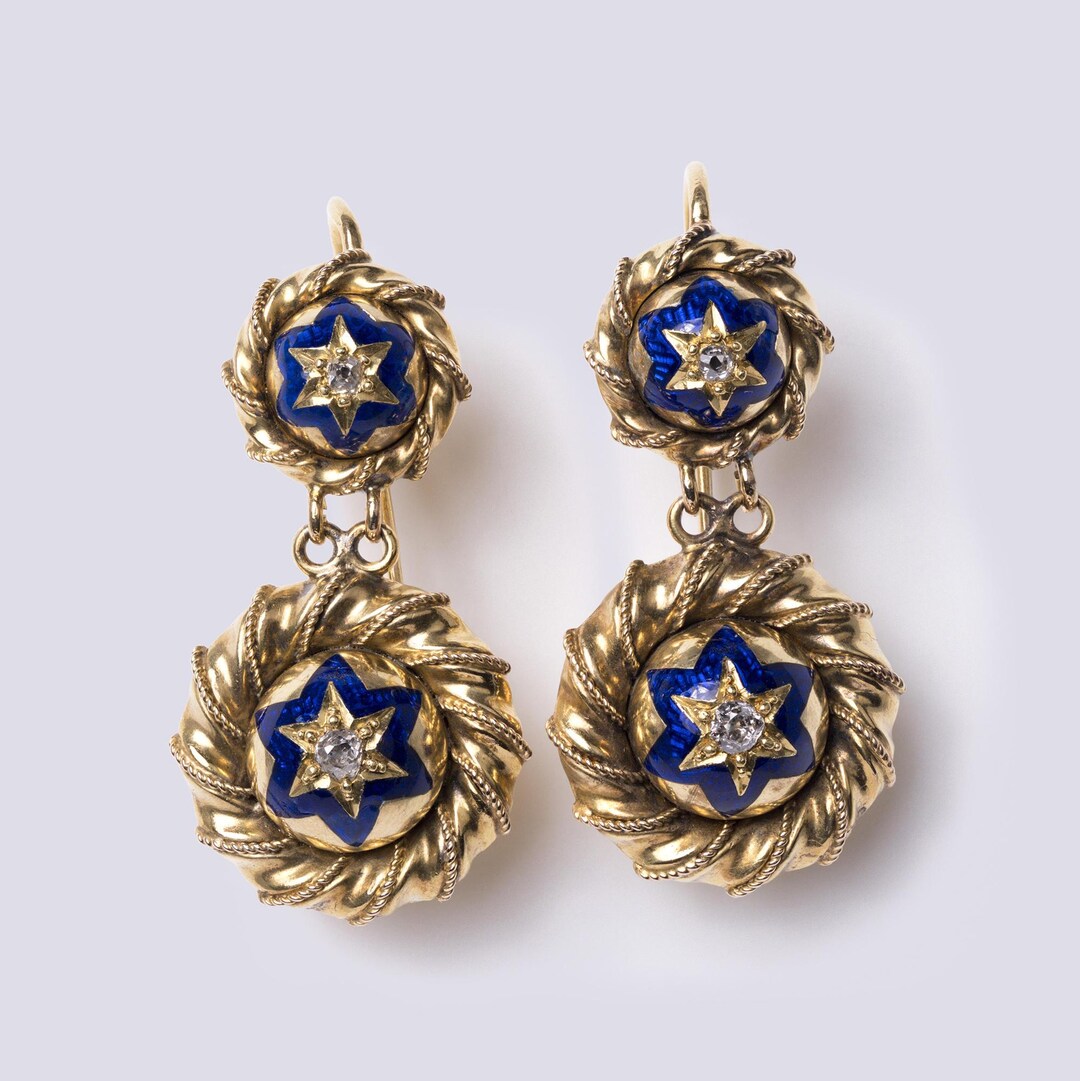 Antique Georgian Enamel & Diamond 6 Point Star 20k Gold Drop Earrings ...