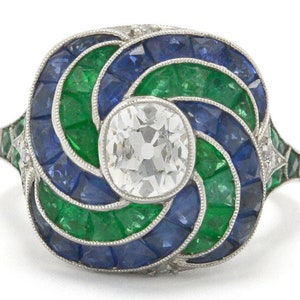 Antique Old Mine Cut Diamond Sapphire Emerald Engagement Ring