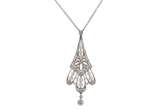 Antique Edwardian Diamond & Pearl Lavalière Plati… - image 1