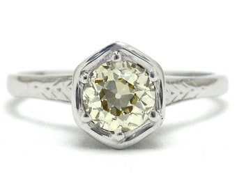 Anillo de compromiso solitario antiguo Art Déco de oro blanco de 14k con diamante amarillo.