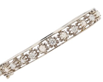 Antique Art Deco Diamond & Pearl Buttercup Bangle Bracelet