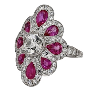 Art Deco Style 1.47 Carat Old Mine Cut Diamond Pink Sapphire Cocktail Ring