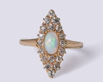 Antique Edwardian Opal Diamond Navette Ring 14k Gold