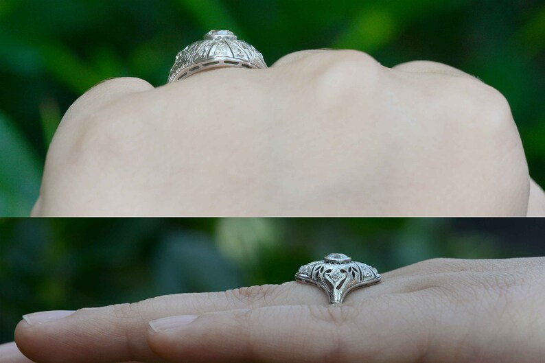 Anillo de compromiso antiguo Art Déco de platino con filigrana y diamantes imagen 3