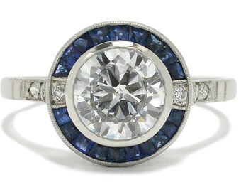 GIA Certified D Color 1.53 Ct Diamond Sapphire Art Deco Style Engagement Ring