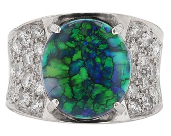 Fiery Australian Black Opal and Diamond Cocktail Ring