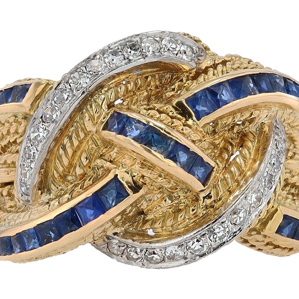 Retro Wide Braided Band Sapphire and Diamond 18k Gold Cocktail Ring