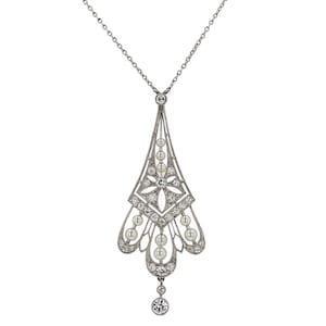 Antique Edwardian Diamond & Pearl Lavalière Platinum Necklace