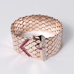Retro 14k Rose Gold Ruby & Diamond Wide Buckle Bracelet