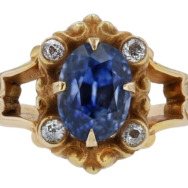 Vintage Victorian Oval Blue Sapphire Yellow Gold Filigree Engagement Ring