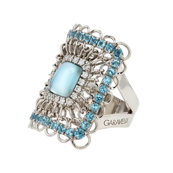 Garavelli Aquamarine & Diamond 18k White Gold Shield Cocktail Ring View 2