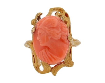 Antique Art Nouveau Coral Cameo Ornate Ring