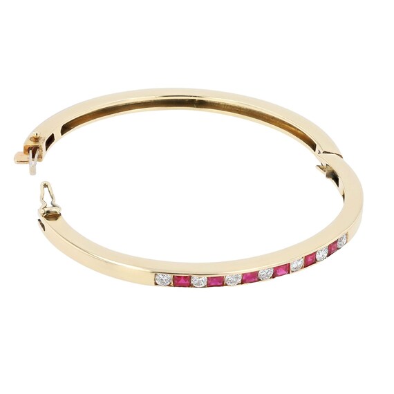 Estate Ruby and Diamond 14k Gold Bangle Bracelet - image 3