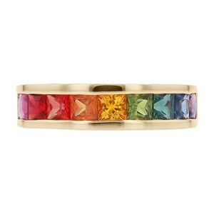 Multi Color Rainbow Sapphire Yellow Gold Wedding Band