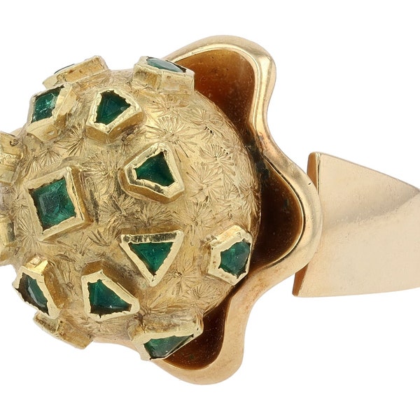 Emerald Disco Ball 1960s Mid Century Modern Yellow Gold Cocktail Ring